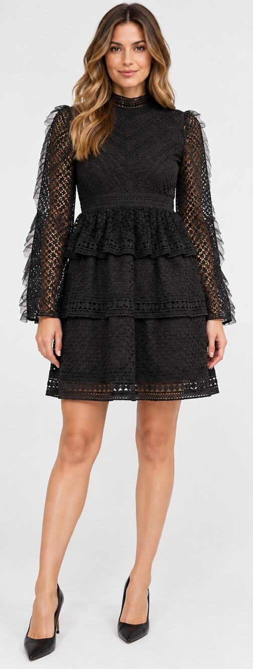 AQUA BLACK DOTTED LACE TIERED RUFFLED MINI DRESS MOCK NECK LONG SLEEVE SIZE M